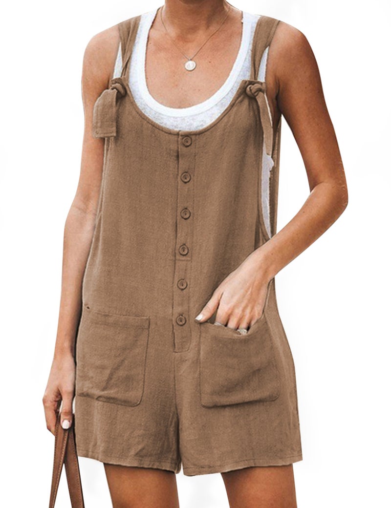 Yeokou Women's Casual Summer Cotton Linen Rompers Overalls Jumpsuit Shorts(Khaki-L) - Image 1